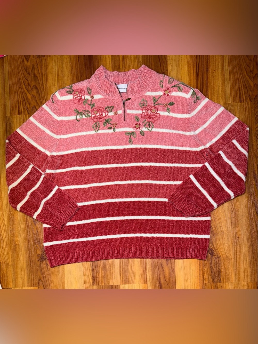 Alfred Dunner Pink & Burgundy Striped Embroidered Mock-Neck Sweater